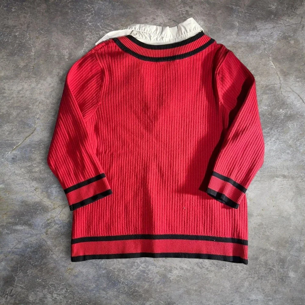 Requirements Woman Red Ribbed V Neck Layered Collared Sweater 3/4 Sleeve Y2K 1XL